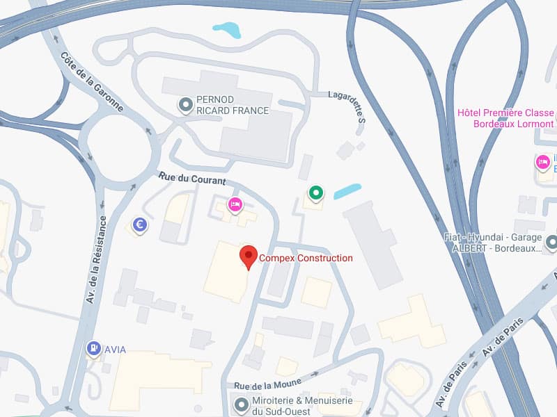 Compex Construction : Carte Proche Pernod Ricard, Bordeaux Carte routière centrée sur Compex Construction près de Pernod Ricard France, Côte de la Garonne, et Av. de Paris.
