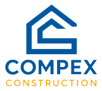 Logo de l'entreprise COMPEX CONSTRUCTION. Symbole bleu de toit/maison géométrique stylisé. Texte "COMPEX" (bleu) et "CONSTRUCTION" (orange).